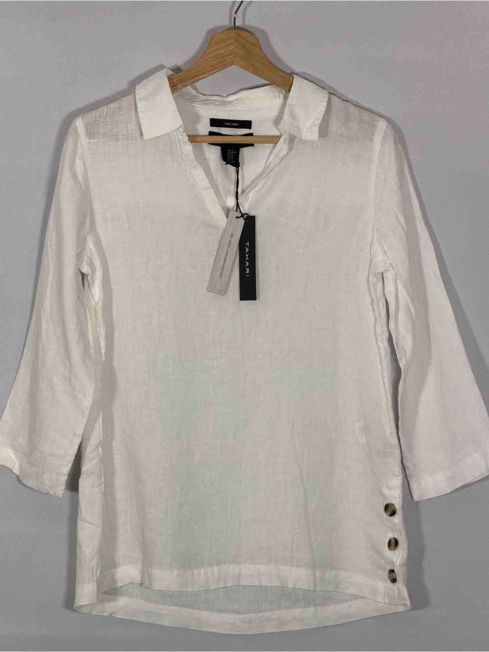 NWT Tahari 100% Linen Popover Tunic Top Womenโs XS White Split Neck Side Button
